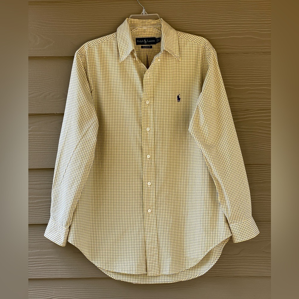 Ralph Lauren Men's Cotton Yellow Black Plaid Classic Fit Shirt Size 15.5 / 32-33